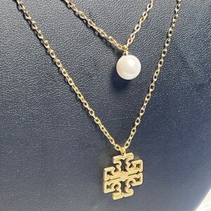 Tory Burch Gold Double Strand Necklace with Pearl Charm